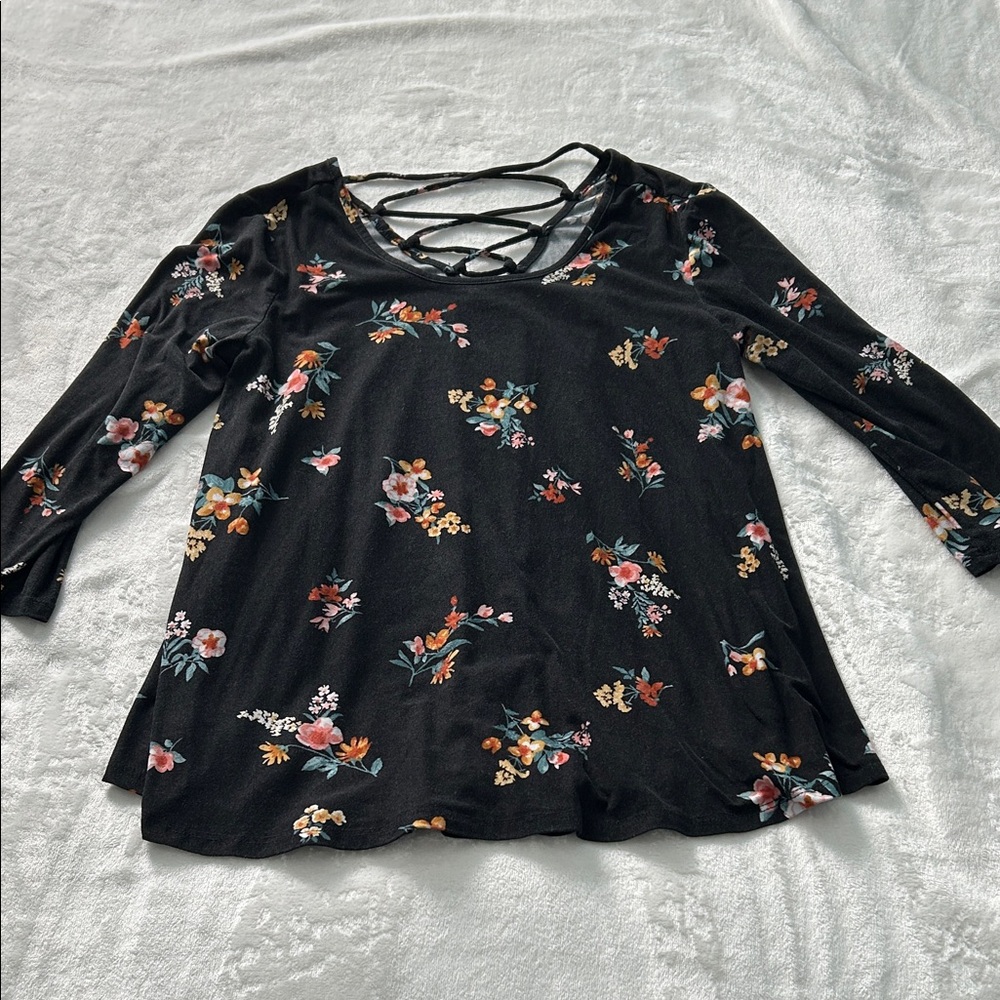 Pink Rose Black Floral Long Sleeve Top